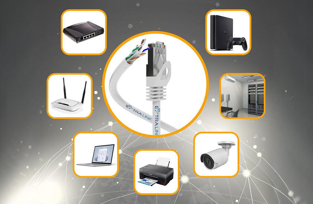Kabel sieciowy EXTRALINK opakowaniu z funkcją samoczynnego rozwijania 305 m instalacji biurowej lub domowej Extralink CAT6 U/UTP systemach monitoringu CCTV zasilania jednym przewodem - zastosowania kabla sieciowego router, modem, laptop, drukarka, kamera monitoringu, konsola do gier i serwerownia