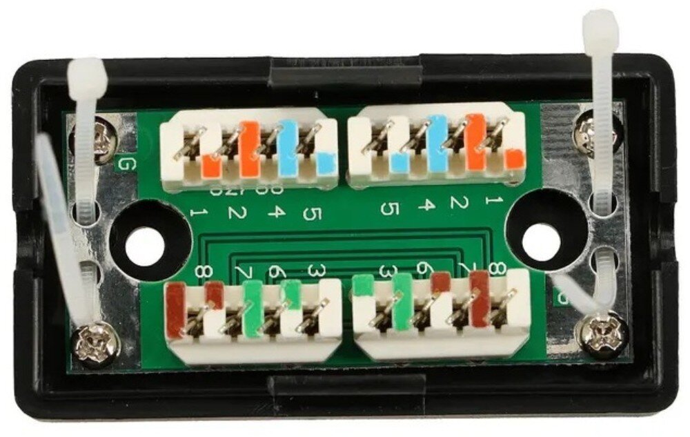 Puszka połączeniowa EXTRALINK EX.9588 Widok wnętrza puszki z zieloną płytką drukowaną, kolorowymi złączami typu LSA oraz czterema białymi opaskami zaciskowymi w rogach