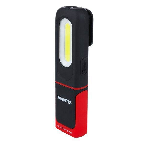 Akumulatorowa lampa warsztatowa w kolorze czarno-czerwonym z napisem \'MANTIS\' oraz \'FALCON EYE\'. Posiada podłużne źródło światła i port ładowania USB.