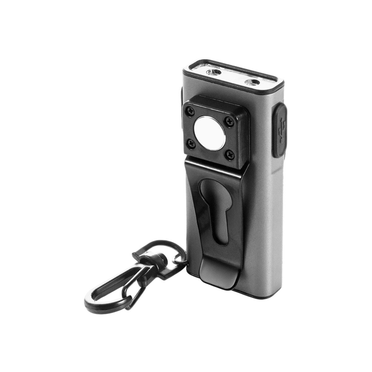 Na obrazie widoczna jest płaska akumulatorowa latarka brelok z metalowym klipsem i karabińczykiem. Latarka ma prostokątny kształt i widoczny port USB z boku.