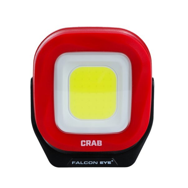 Akumulatorowa lampa warsztatowa z czerwonym obramowaniem i żółtym panelem świetlnym. Widoczne napisy: \'CRAB\' i \'FALCON EYE\'.