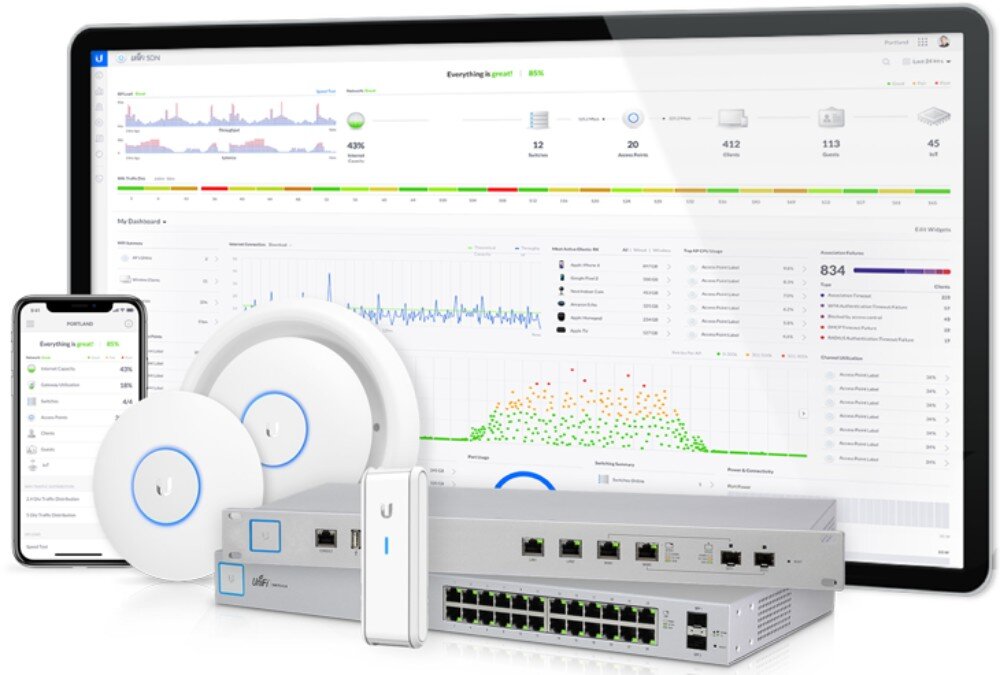 Punkt dostępowy UBIQUITI UAP-AC-SHD-5 Monitor i smartfon z widocznym interfejsem oprogramowania w otoczeniu białych punktów dostępowych i przełączników sieciowych