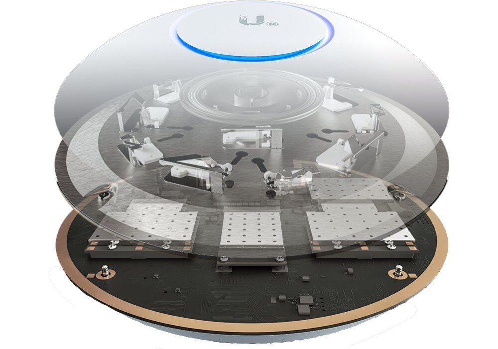 Punkt dostępowy UBIQUITI UAP-AC-SHD-5 Widok rozstrzelony urządzenia ukazujący wewnętrzne podzespoły elektroniczne, system chłodzenia i białą pokrywę