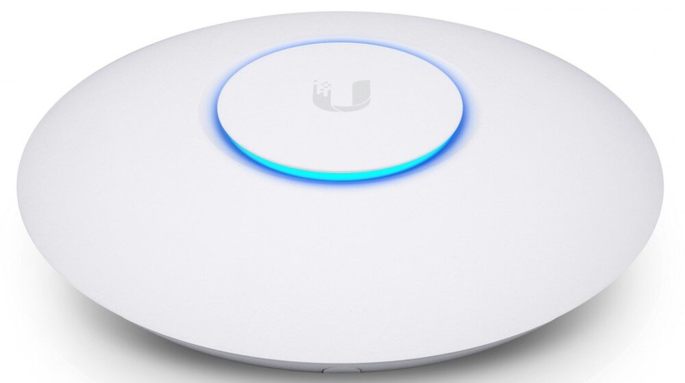 Punkt dostępu UBIQUITI UAP-NANOHD-5 2.4 / 5 GHz, Wi-Fi (5 szt.) Biały punkt dostępowy w kształcie dysku z centralnie umieszczonym niebieskim pierścieniem LED i szarym logotypem, przeznaczenie pasma przepustowość technologia