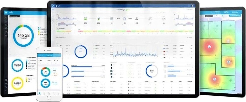 Punkt dostępu UBIQUITI UAP-NANOHD-5 2.4 / 5 GHz, Wi-Fi (5 szt.) Zestaw ekranów obejmujący tablet, laptop i telefon prezentujących interfejs oprogramowania do zarządzania siecią i mapy cieplne zasięgu, oprogramowanie narzędzia
