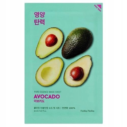 Opakowanie maseczki w płachcie z grafiką awokado i tekstem: \'PURE ESSENCE MASK SHEET AVOCADO\'.