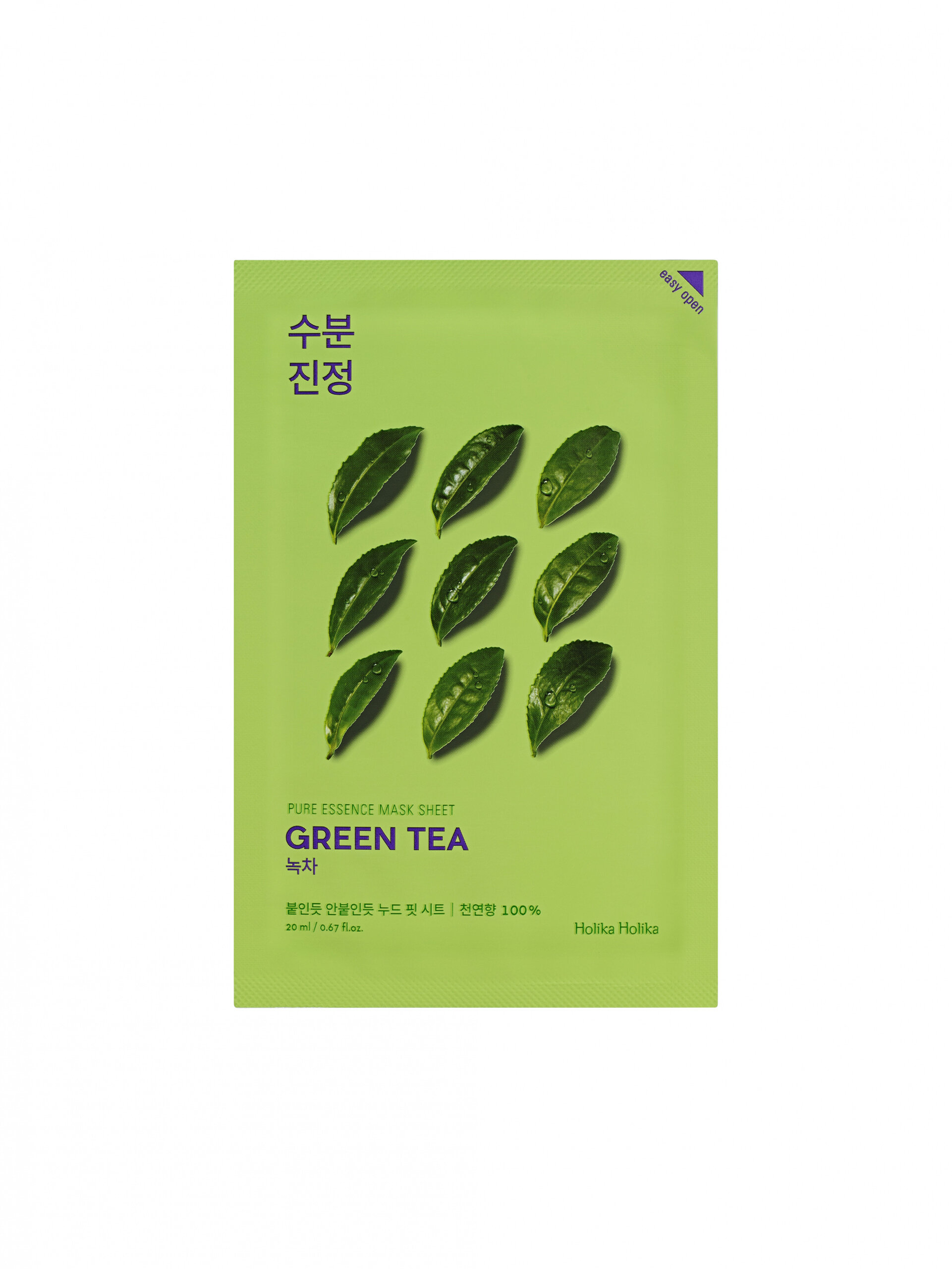 Opakowanie maseczki w płachcie w kolorze zielonym z dziewięcioma liśćmi herbaty. Widoczny tekst: \'PURE ESSENCE MASK SHEET GREEN TEA 20 ml (0.67 fl. oz.) Holika Holika\'.