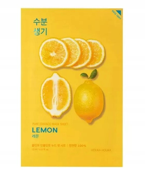 Opakowanie maseczki w płachcie z cytryną, z widocznymi plastrami i całym owocem cytryny na żółtym tle. Tekst na opakowaniu: \'PURE ESSENCE MASK SHEET LEMON\'.