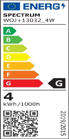 Etykieta energetyczna z klasą efektywności G dla produktu SPECTRUM WOJ13032_4W, zużycie energii 4 kWh/1000h. Zawiera kolorową skalę od A do G oraz kod QR.