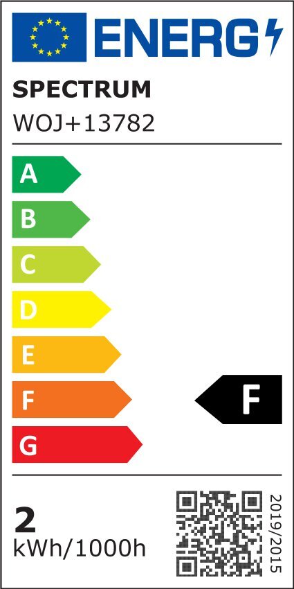 Etykieta energetyczna z logo UE i napisem \'ENERG\'. Produkt: SPECTRUM WOJ+13782, klasa energetyczna F, zużycie 2 kWh/1000h.