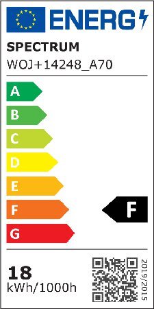 Etykieta energetyczna z logo UE i napisem \'ENERG\'. Produkt: SPECTRUM WOJ+14248_A70, klasa energetyczna F, zużycie 18 kWh/1000h.
