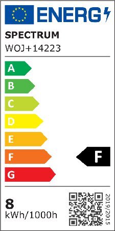 Etykieta energetyczna z logo UE i napisem \'ENERG\'. Produkt SPECTRUM WOJ+14223 ma klasę energetyczną F i zużycie 8 kWh/1000h.