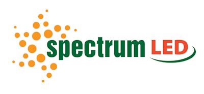 Logo z napisem \'spectrum LED\' z pomarańczowymi kropkami tworzącymi wzór po lewej stronie.
