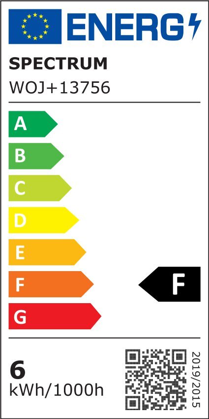 Etykieta energetyczna z logo UE i napisem \'ENERG\'. Produkt: SPECTRUM WOJ+13756, klasa energetyczna F, zużycie 6 kWh/1000h.