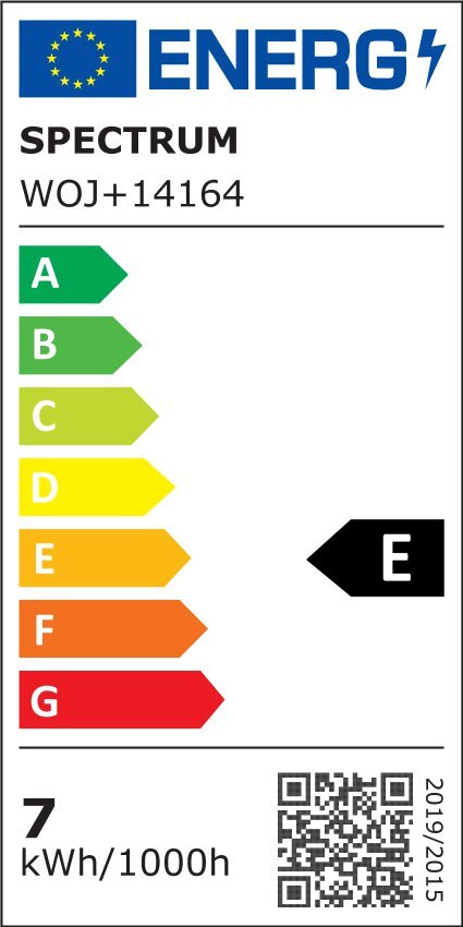Etykieta energetyczna z logo UE i napisem \'ENERG\'. Produkt: SPECTRUM WOJ+14164, klasa energetyczna E, zużycie 7 kWh/1000h.