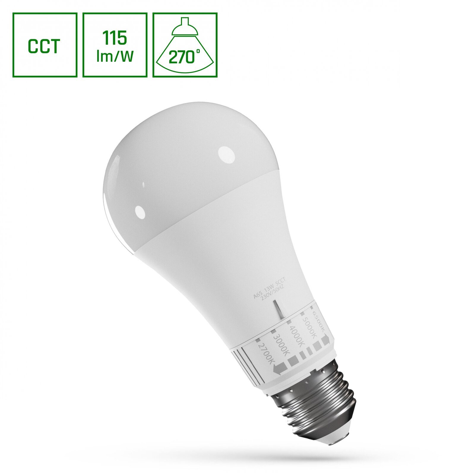 Obraz przedstawia białą żarówkę LED z gwintem E27. Obok znajdują się ikony z napisami: \'CCT\', \'115 lm/W\', \'270°\'.
