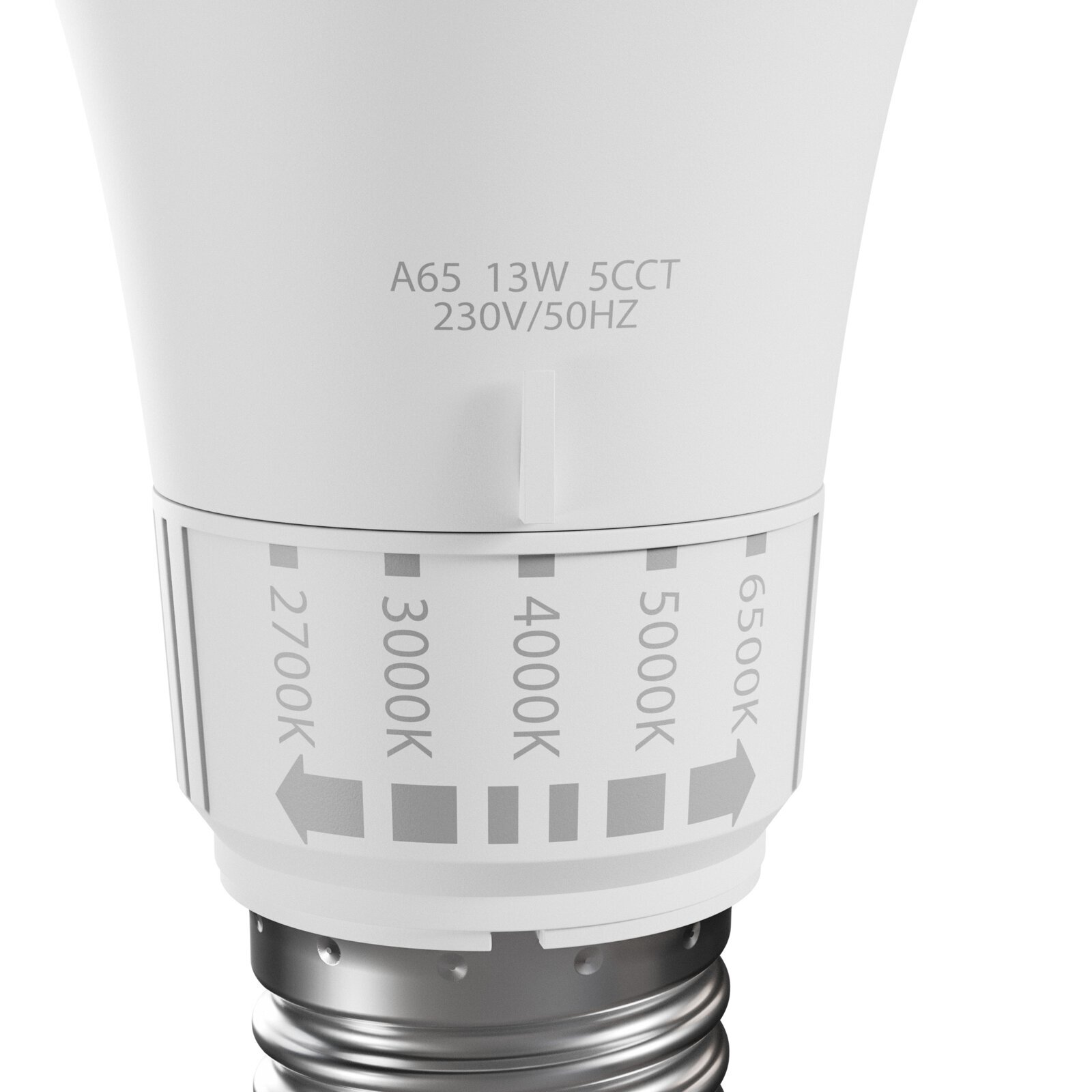 Biała żarówka LED z oznaczeniami: \'A65 13W 5CCT 230V/50HZ\'. Widoczne są zakresy temperatury barwowej: 2700K, 3000K, 4000K, 5000K, 6500K.
