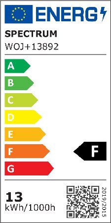 Etykieta energetyczna z logo UE i napisem \'ENERG\'. Produkt: SPECTRUM WOJ+13892, klasa energetyczna F, zużycie 13 kWh/1000h.