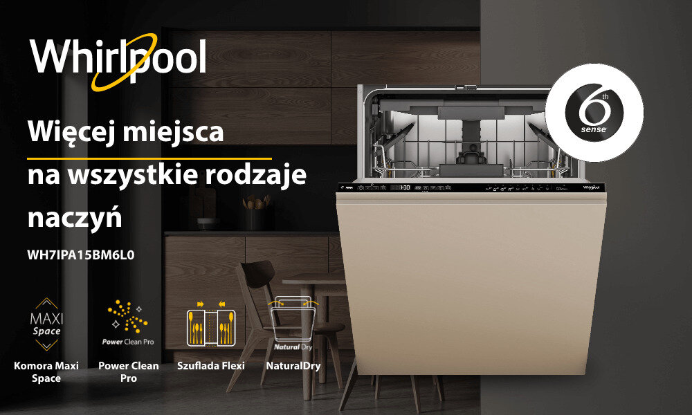 Obraz przedstawia zmywarkę z otwartymi drzwiami, umieszczoną w nowoczesnej kuchni. Widoczny jest tekst: \'Whirlpool Więcej miejsca na wszystkie rodzaje naczyń WH7IPA15BM6L0\', a także ikony z napisami: \'Komora Maxi Space\', \'Power Clean Pro\', \'Szuflada Flexi\', \'NaturalDry\'.