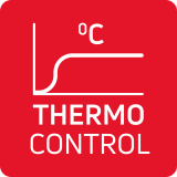 Czerwony kwadratowy znak z białym wykresem i napisem \'THERMO CONTROL\'.
