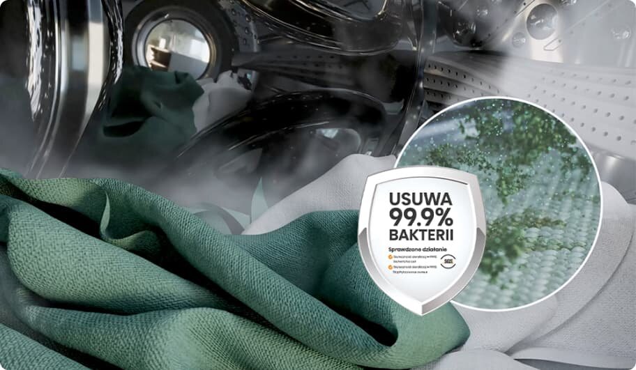 Obraz przedstawia wnętrze bębna pralki z zielonym i białym materiałem oraz ikonę z napisem \'USUWA 99.9% BAKTERII\'.