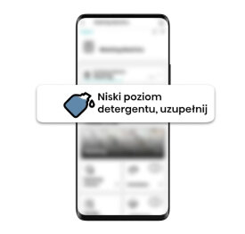 Na ekranie smartfona widoczny jest komunikat: \'Niski poziom detergentu, uzupełnij\', obok ikony przedstawiającej butelkę z kroplą.