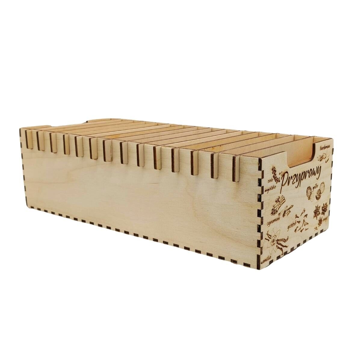 Drewniany organizer na przyprawy z grawerem, posiada 15 przegródek i napis \'Przyprawy\' na boku. Wykonany z naturalnej sklejki, ma wymiary 30 x 14 x 9 cm.