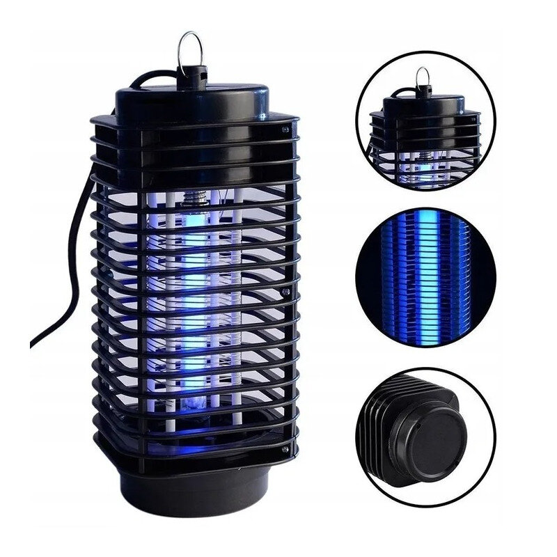 Czarna lampa owadobójcza z niebieskim światłem UV, otoczona kratką ochronną. Obok znajdują się trzy zbliżenia pokazujące szczegóły konstrukcji i światła.