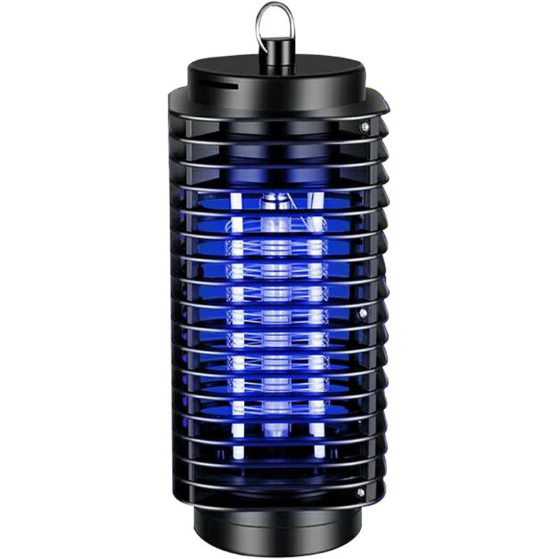 Czarna lampa owadobójcza z niebieskim światłem UV, posiada kratkowaną obudowę i uchwyt na górze.