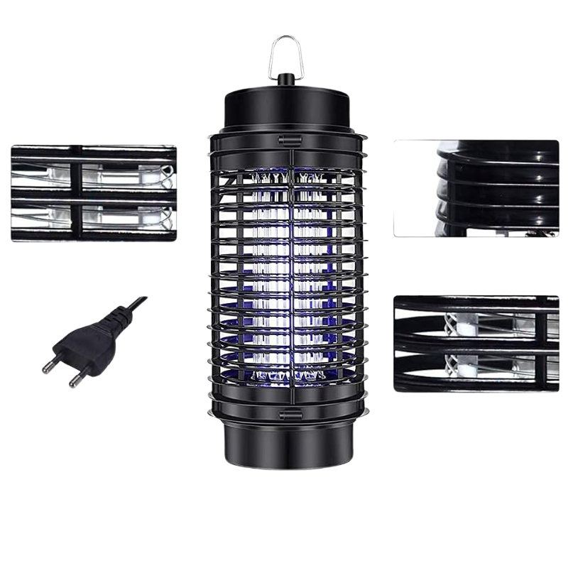 Czarna lampa owadobójcza z metalową siatką i widocznym niebieskim światłem UV, obok której znajduje się wtyczka elektryczna. Dodatkowe zbliżenia pokazują szczegóły konstrukcji siatki i wnętrza lampy.