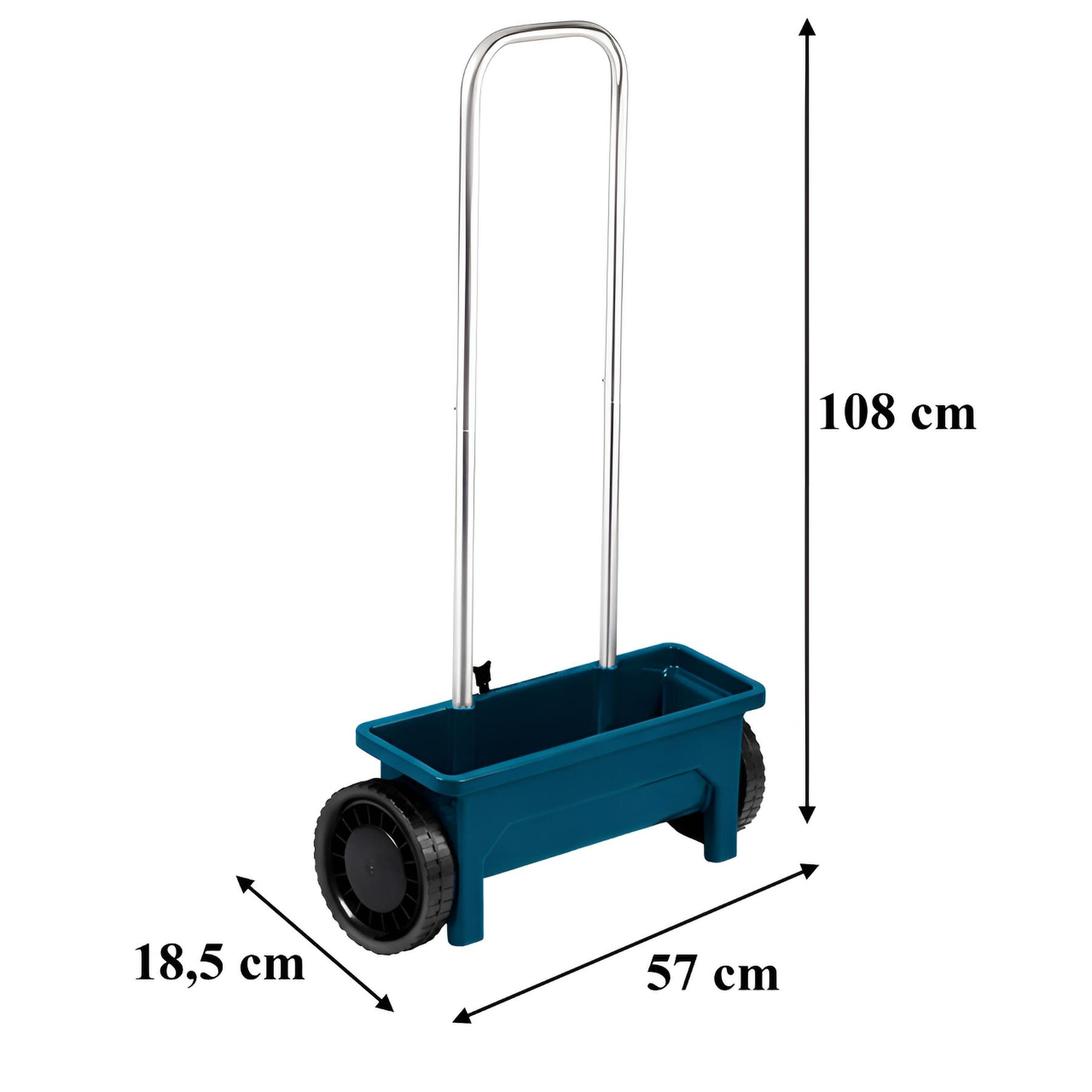 Na obrazie znajduje się niebieski siewnik ręczny z metalowym uchwytem i dwoma czarnymi kołami. Wymiary to 108 cm wysokości, 57 cm długości i 18,5 cm szerokości.