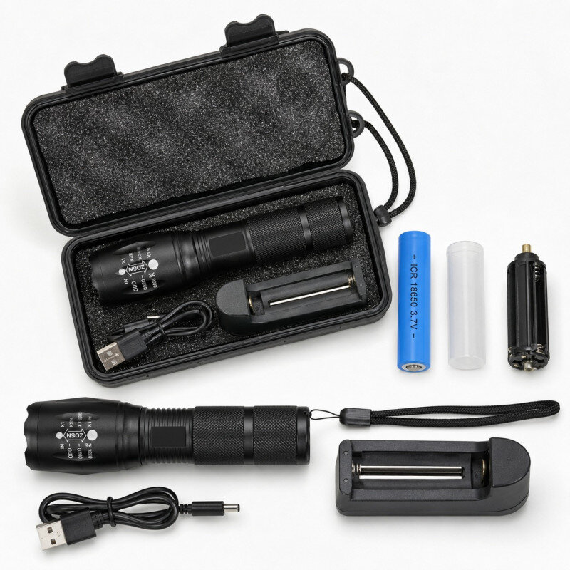 Zestaw zawiera czarną latarkę LED z napisem \'ZOOM\', ładowarkę, niebieską baterię oznaczoną \'+ ICR 18650 3.7V\', czarny kabel USB oraz etui z piankowym wnętrzem.