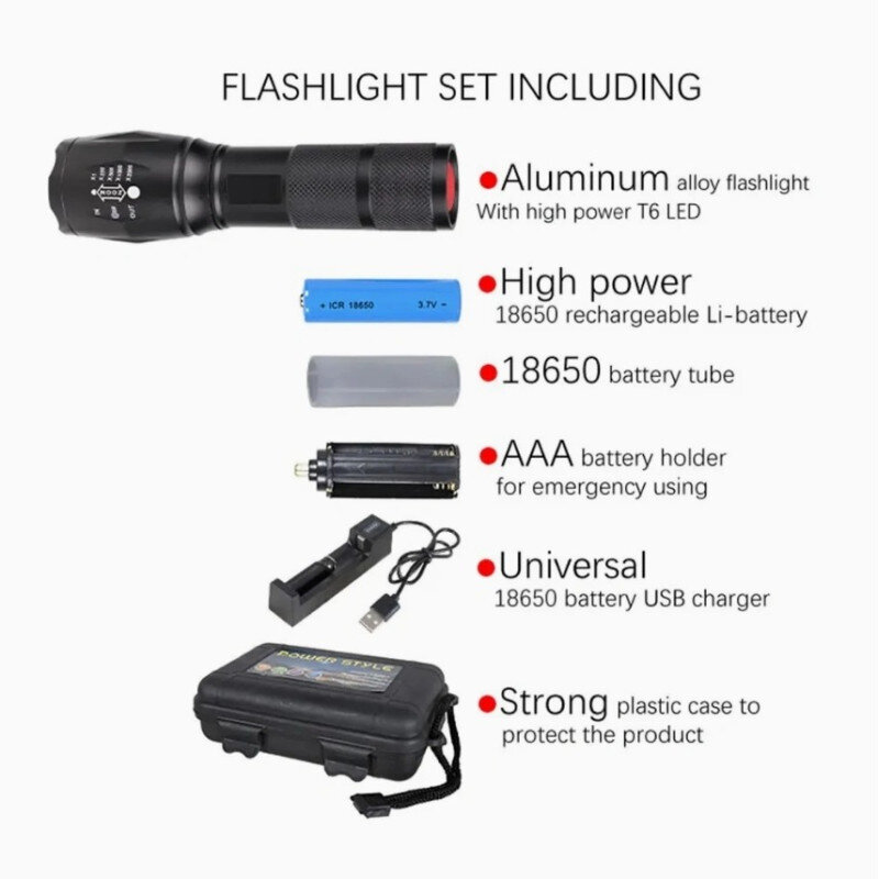 Zestaw latarki zawiera aluminiową latarkę z diodą T6 LED, akumulator Li-ion 18650, tubę na baterię 18650, uchwyt na baterie AAA, uniwersalną ładowarkę USB oraz plastikowe etui ochronne. Widoczny tekst: \'FLASHLIGHT SET INCLUDING\', \'Aluminum alloy flashlight With high power T6 LED\', \'High power 18650 rechargeable Li-battery\', \'18650 battery tube\', \'AAA battery holder for emergency using\', \'Universal 18650 battery USB charger\', \'Strong plastic case to protect the product\'.