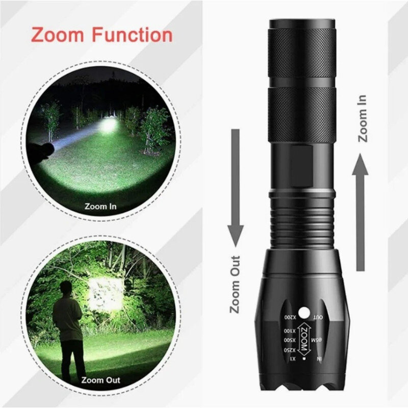 Obraz przedstawia latarkę z funkcją zoomu, z oznaczeniami \'Zoom In\' i \'Zoom Out\'. Po lewej stronie znajdują się dwa zdjęcia pokazujące efekt działania latarki w trybie \'Zoom In\' i \'Zoom Out\'.