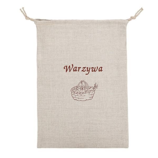 Lniany worek w naturalnym beżowym kolorze z nadrukiem koszyka z warzywami i napisem \'Warzywa\'.