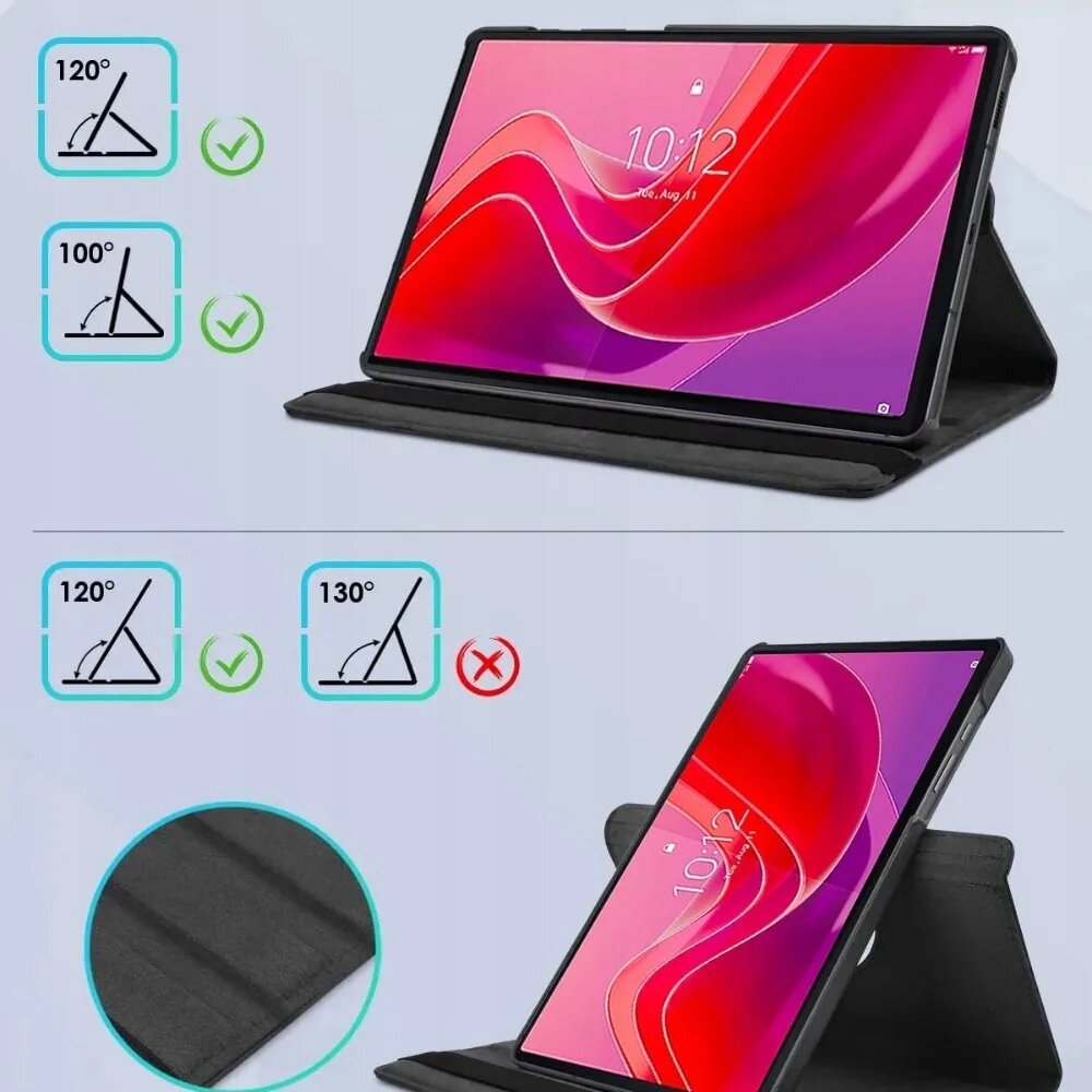 Obraz przedstawia tablet w etui obrotowym ustawiony pod różnymi kątami: 120° i 100° z zielonymi znakami akceptacji oraz 130° z czerwonym znakiem odrzucenia. Widoczny jest również zbliżenie na teksturę etui.