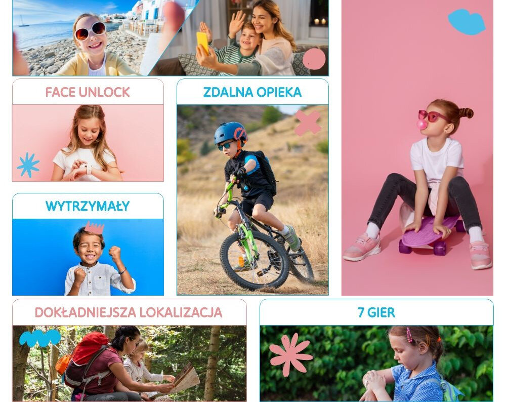 Kolaż zdjęć przedstawiający dzieci w różnych sytuacjach, z napisami: \'FACE UNLOCK\', \'ZDALNA OPIEKA\', \'WYTRZYMAŁY\', \'DOKŁADNIEJSZA LOKALIZACJA\', \'7 GIER\'.