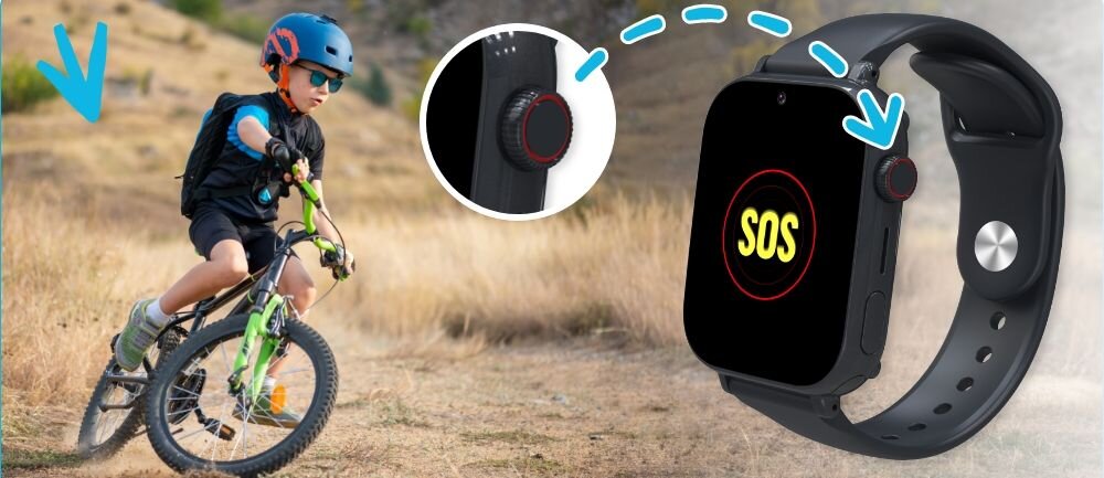 Na obrazie widać dziecko na rowerze w kasku i okulary przeciwsłoneczne oraz smartwatch z wyświetlaczem pokazującym napis \'SOS\'. W tle znajduje się suchy teren z trawą, a na zegarku widoczny jest przycisk z czerwonym akcentem.