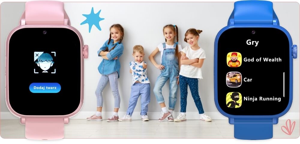 Na obrazie widoczne są dwa smartwatche, różowy i niebieski, z wyświetlonymi ekranami. W tle znajduje się grupa dzieci ubranych w kolorowe ubrania, stojących na jasnym tle.