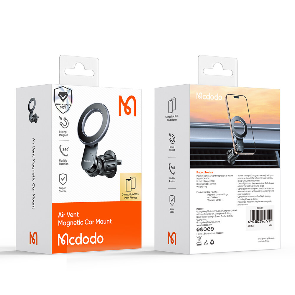 Opakowanie produktu Mcdodo Uchwyt Na Telefon Do Samochodu Na Kratke Nawiewu Magnetyczny Magsafe z widocznym uchwytem magnetycznym na przedniej stronie. Na opakowaniu znajdują się informacje o funkcjach, takich jak \'Strong Magnet\', \'360° Flexible Rotation\' oraz \'Compatible With Most Phones\'.