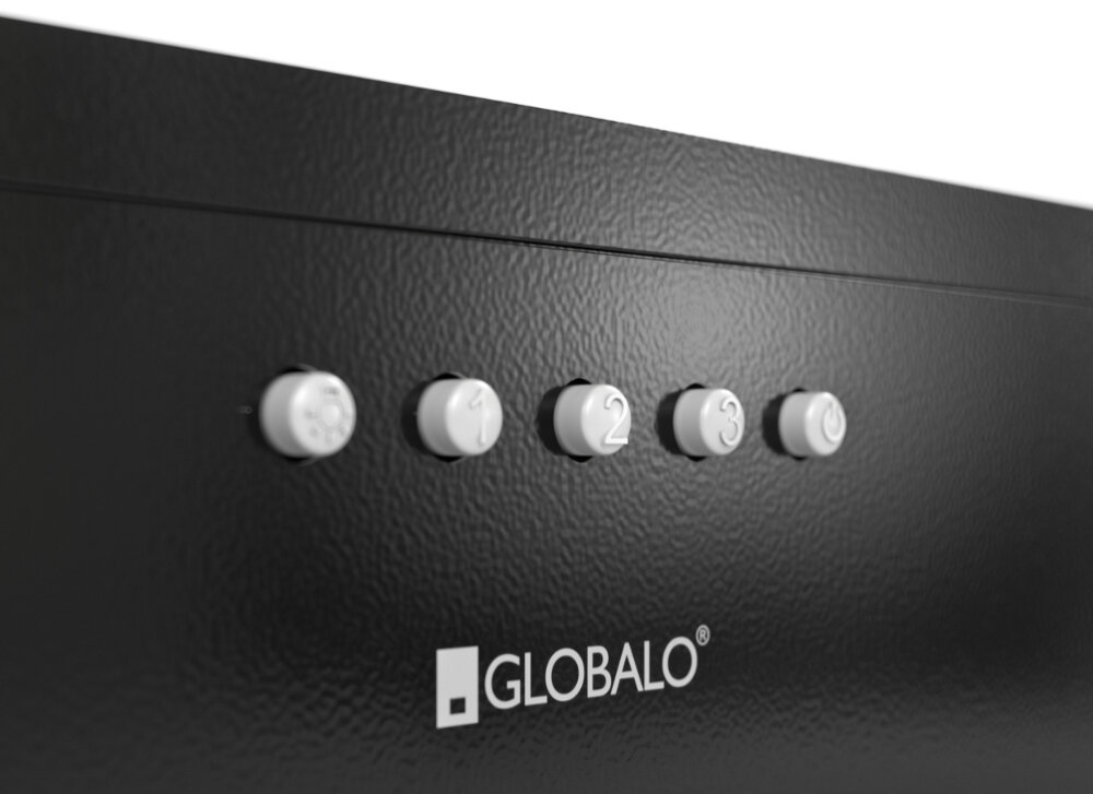 Czarny panel z pięcioma białymi przyciskami oznaczonymi symbolami i cyframi od 1 do 3. Widoczne jest logo \'GLOBALO\'.