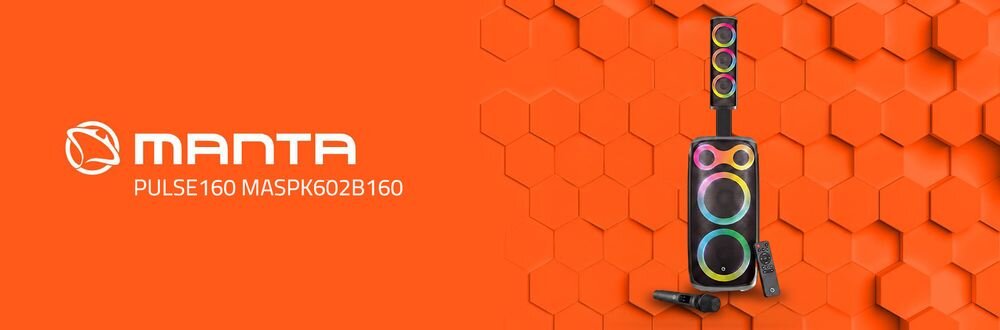 Na pomarańczowym tle znajduje się głośnik z kolorowymi podświetleniami oraz dwa mikrofony. Obok widnieje napis \'MANTA PULSE160 MASPK602B160\'.