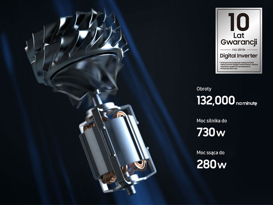 Obraz przedstawia metalowy element odkurzacza z widocznymi zwojami miedzianymi. Po prawej stronie znajduje się tekst: \'10 Lat Gwarancji na silnik Digital Inverter\', \'Obroty 132,000 na minutę\', \'Moc silnika do 730w\', \'Moc ssąca do 280w\'.