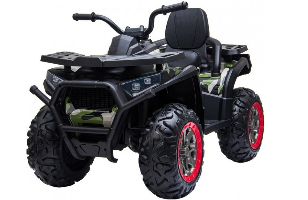 Elektryczny quad dla dzieci w kolorze moro z dużymi, terenowymi oponami i czerwonymi felgami. Posiada czarne siedzenie i kierownicę oraz przednie reflektory.