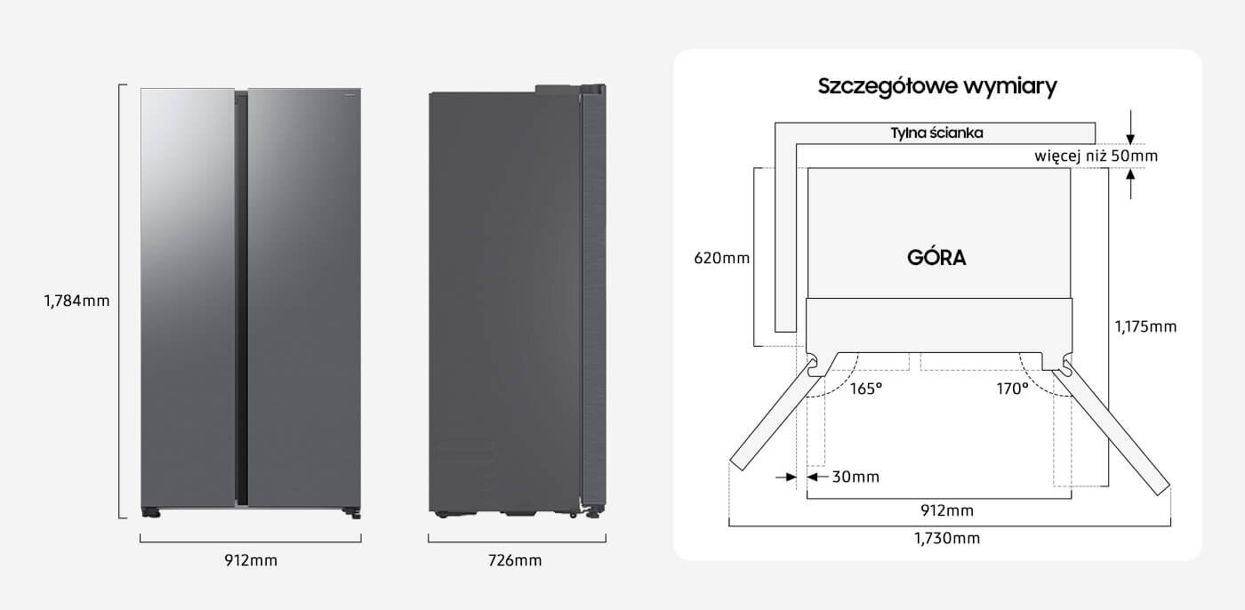wymiary lodówki Samsung rs70f65qeteo Obraz przedstawia lodówkę w kolorze szczotkowanej stali nierdzewnej z wymiarami: wysokość 1784 mm, szerokość 912 mm, głębokość 726 mm. Po prawej stronie znajduje się schemat z napisem \'Szczegółowe wymiary\' oraz oznaczeniami wymiarów i kątów otwarcia drzwi.