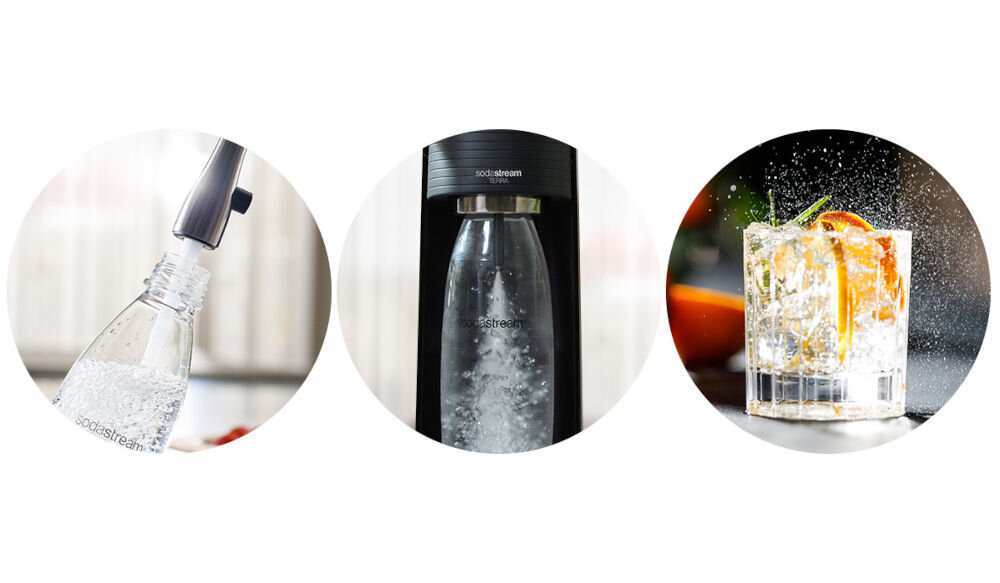 Trzy okrągłe zdjęcia przedstawiające saturator z butelką, logo sodastream oraz szklankę z napojem i plasterkami owoców.