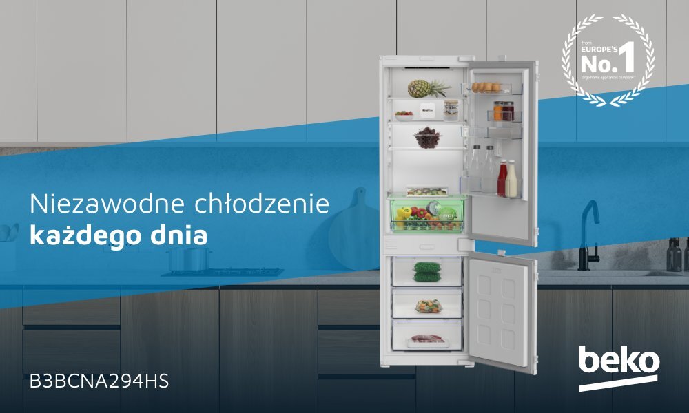 Na obrazie widoczna jest otwarta lodówka z różnymi produktami spożywczymi na półkach. Obok lodówki znajduje się napis \'Niezawodne chłodzenie każdego dnia\', a w prawym dolnym rogu logo \'beko\'.
