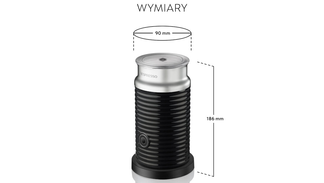 Obraz przedstawia czarny spieniacz do mleka z metaliczną górą, z widocznymi wymiarami: 90 mm średnicy i 186 mm wysokości. Na górze urządzenia znajduje się logo NESPRESSO, a nad nim napis \'WYMIARY\'.