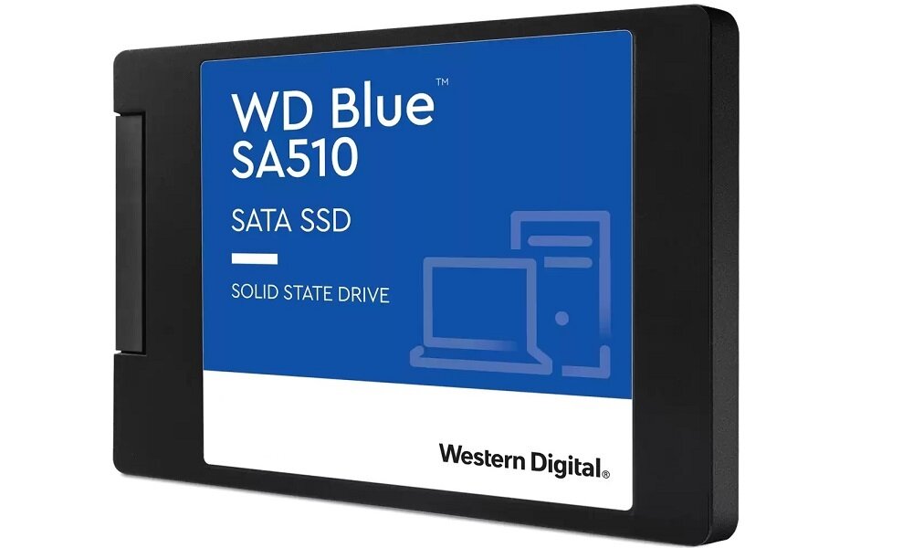 Na obrazie widoczny jest dysk SSD z etykietą \'WD Blue SA510 SATA SSD SOLID STATE DRIVE\'. Na dole etykiety znajduje się logo \'Western Digital\'.