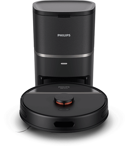 Na obrazie widoczny jest czarny robot sprzątający z logo PHILIPS na górze oraz stacja dokująca w tym samym kolorze. Robot ma okrągły kształt i widoczny jest na nim przycisk oraz czujniki.